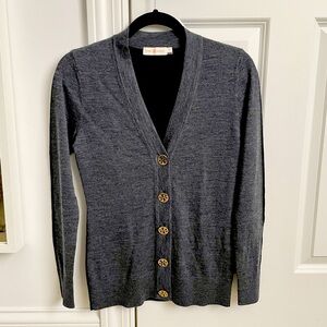 Tory Burch Light Knit Wool Cardigan Gray and Black